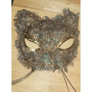 Masquerade Mask Feather Cat Anim Mardi Gras Mask Browns w/blue highlights Half